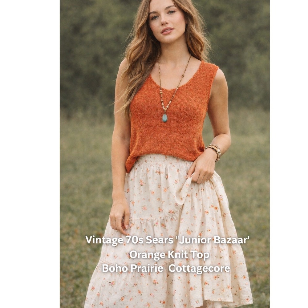 Vintage 70s Sears Junior Bazaar Orange Knit  Top Made in Italy Linen Blend Large